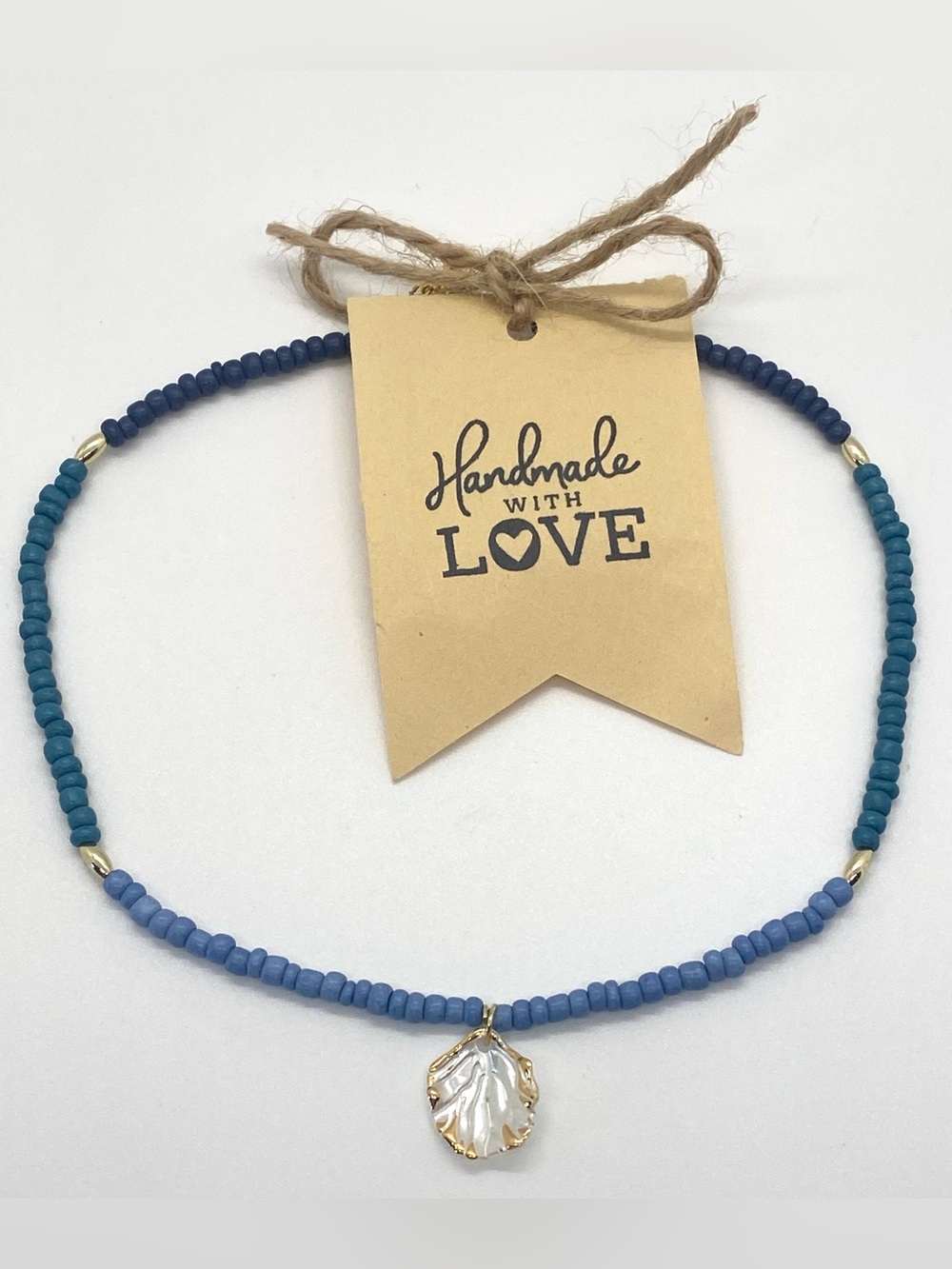 Blue Ombré Gold Choker Beaded Necklace with White Gold Shell Charm Boho Festival - Picture 8 of 11